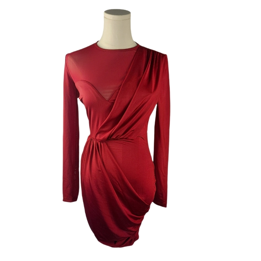 Privy Burgundy Mesh Panel Draped Bodycon Mini Dress S Sheer Sexy Red Long Sleeve